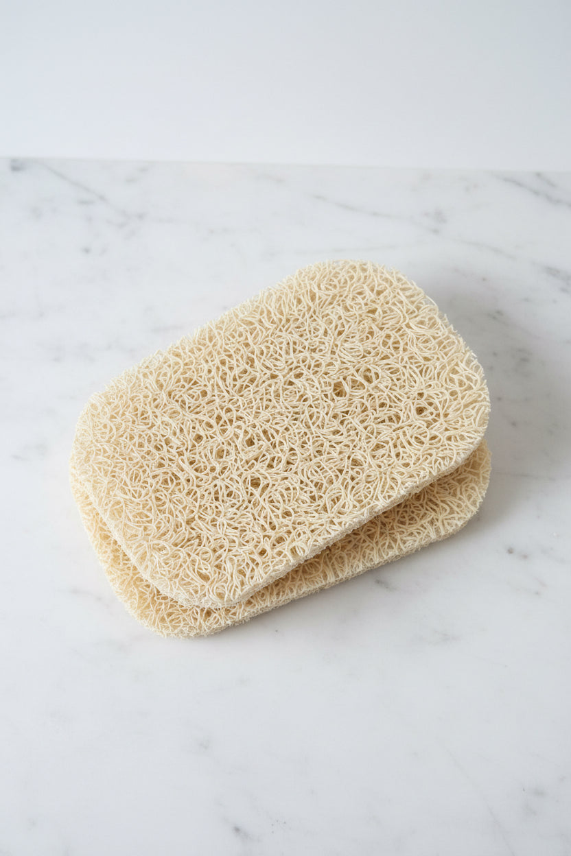 Two natural sponges on a marble surface
