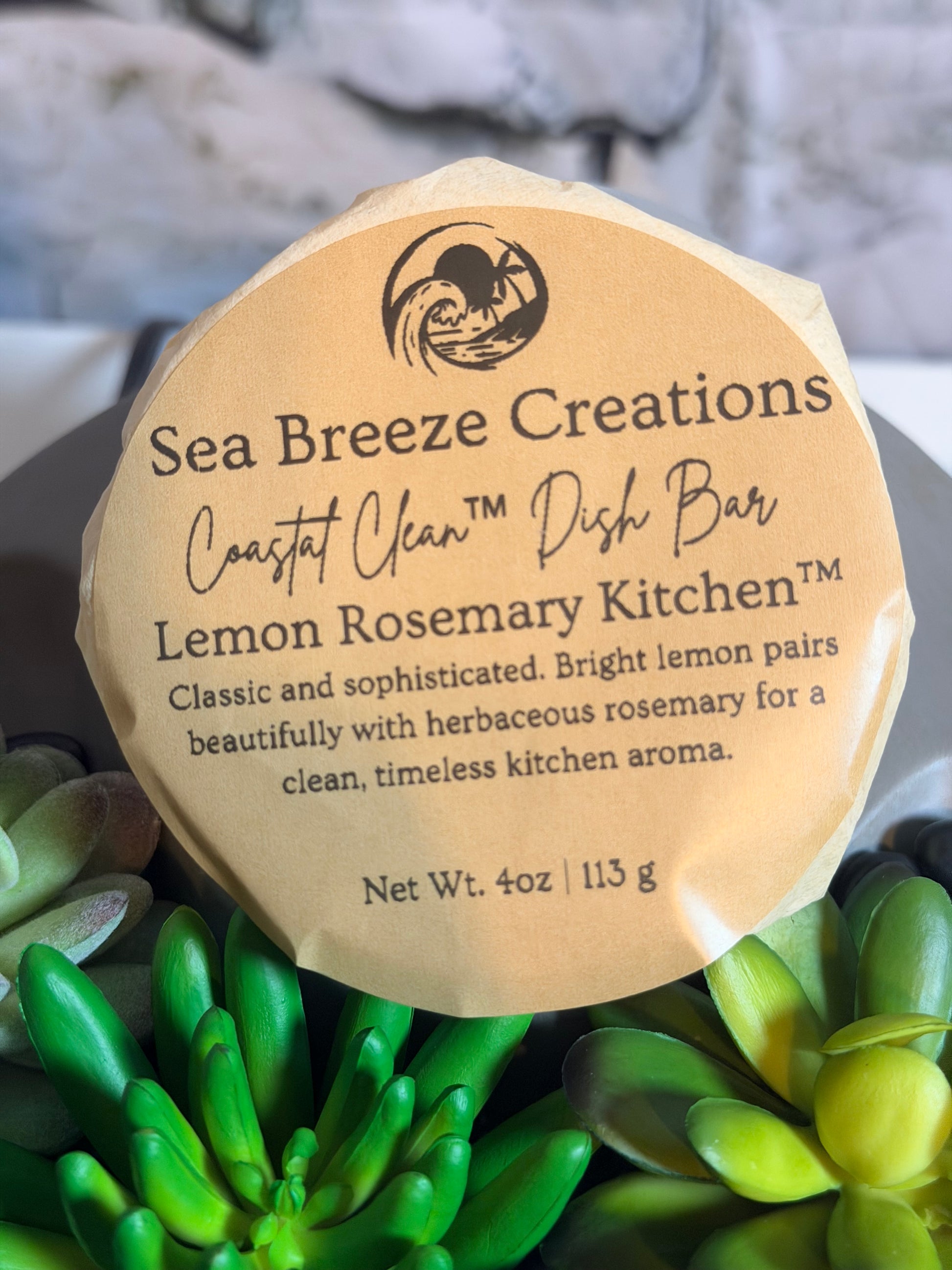 Sea Breeze Creations dish bar soap with greenery in the background