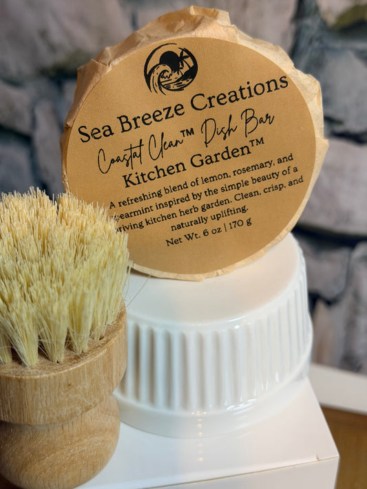 Wooden dish brush with a label on a blurred background