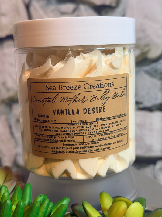 Vanilla desire coastal mother belly balm with a label on a blurred background
