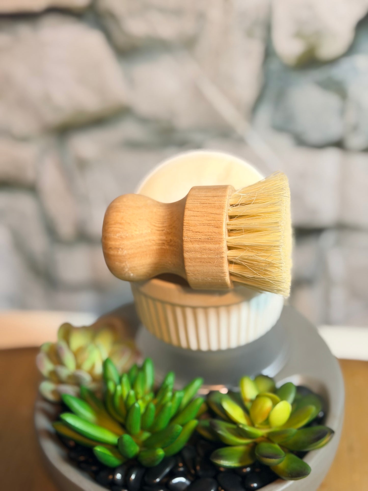 Bamboo brush and cleaning product with succulents and pebbles in the background